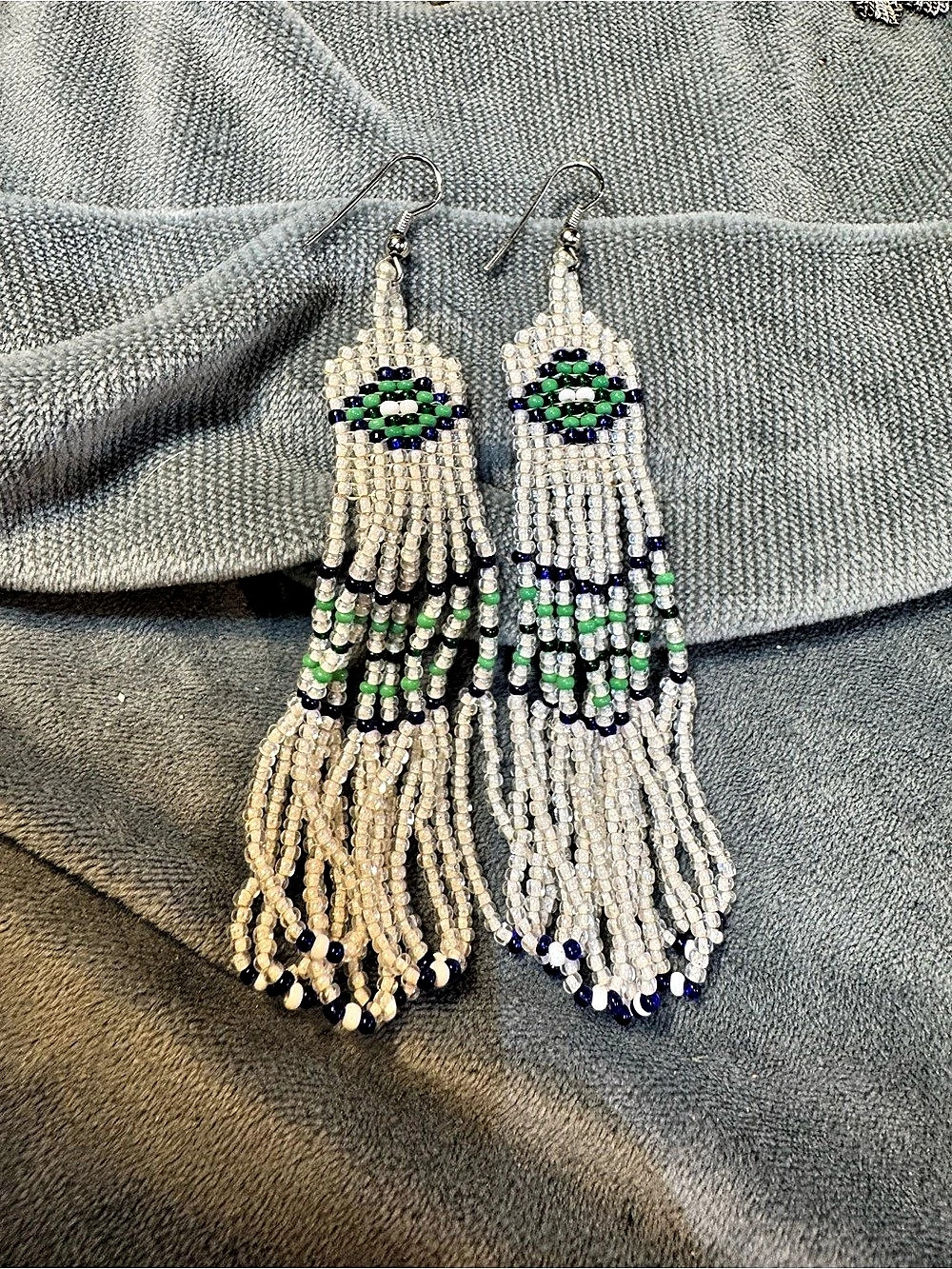 Beaded Fringe Earrings in White & Blue